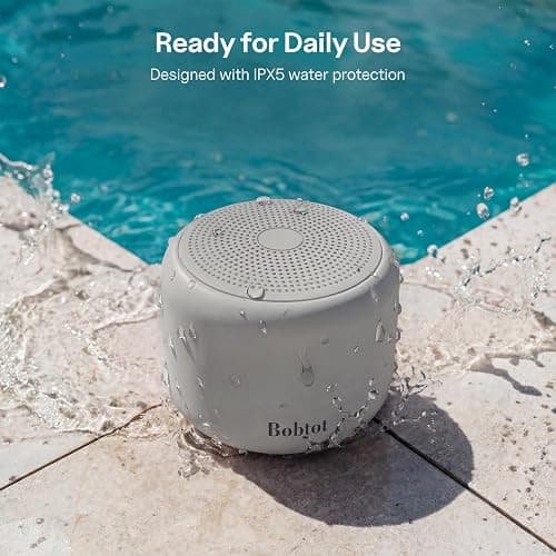 Bobtot Portable Bluetooth Speakers with Strap Easy to Carry, Wireless Waterproof Mini Speaker with Loud Stereo Sound, 20 Hours Playtime, Rechargeable Battery, Built-in Microphone, Light Gray thumbnail 4