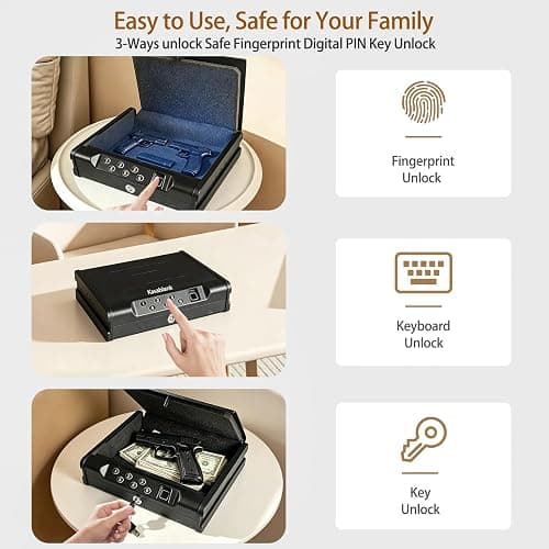Biometric Fingerprint Handgun Safe, Small Nightstand Gun Lock Box with 3 Access Modes, 0.1s Quick Fingerprint Unlock & Voice Prompt, Heavy Steel Pistol Storage Box for Bedroom Home and Vehicle Use thumbnail 4