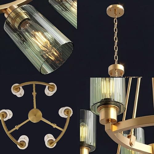 Virelite Modern Gold Chandelier 6-Light - 24" Olive Green Fluted Glass Pendant Light, High-End Brass Hanging Ceiling Fixture for Dining Room, Kitchen Island, Living Room thumbnail 5