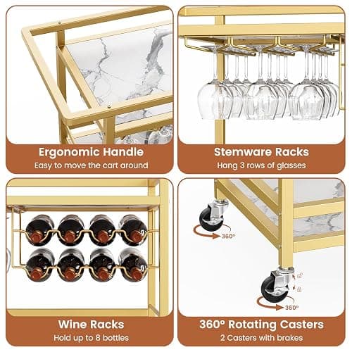 Leteuke Bar Cart for Home, 3 Tier Gold Serving Rolling Carts with Wheels, Drink Cart, Liquor Stand with Marbled Wooden Shelves, Wine Rack and Glass Holder for Kitchen, Dining Room thumbnail 4