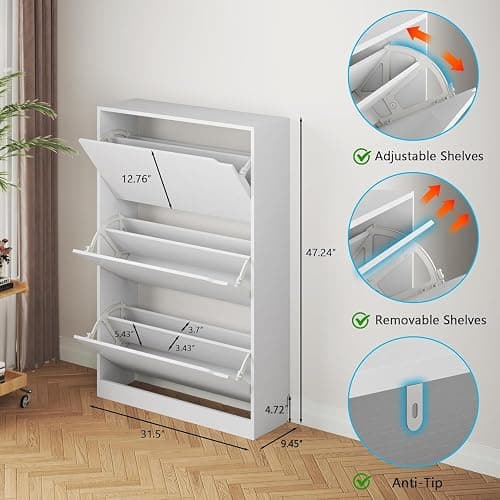 BORNOON Shoe Cabinet with 3 Flip Drawers, Hidden Wood Shoe Cabinet,Freestanding Shoe Storage Cabinet for Entryway Hallway.White. 47.2" H*31.5" W*9.45" D. thumbnail 2