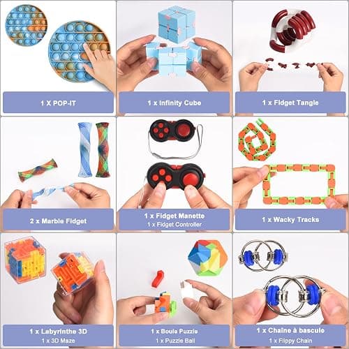 FrenchWay Fidget Toys Pack – Lot de Jouets Anti Stress pour Enfants et Adultes – Objets Satisfaisants pour Evacuer le Stress et Booster la Concentration – Pop It Balle Anti-Stress Main Collante Inclus thumbnail 3