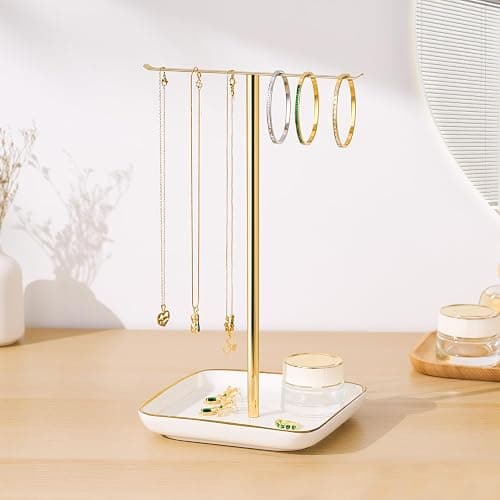 pickpiff Necklace Holder Stand with Ceramic Base: 12" Jewelry Tree Display Organizer for Necklaces, Bracelets, Rings, Earrings, Tall Gold Stand for Women, Aesthetic Room Décor, Gold and White thumbnail 7