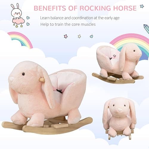 Qaba Baby Rocking Horse, Plush Rabbit Animal Rocker with Simulated Sound, Wooden Base, Seat Belt, Stuffed Rocking Chair for Toddler 18-36 Months, Pink thumbnail 4