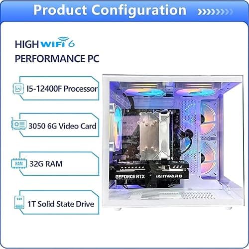 suevery Desktop Computers,32G RAM,1TB NVMe SSD,Core i5-12400F,RTX 3050 6G,Prebuilt Gaming PC,Tower Computer Gamer,Work,VR,4K,Home and Business WiFi 6 White thumbnail 3