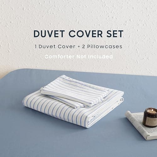 Wake In Cloud - Striped Cotton Duvet Cover Set, Ticking Stripe Vertical Pinstripe Farmhouse, 100% Washed Cotton Textured Percale Bedding Set, 3 Pieces, Blue White, Twin Size thumbnail 3