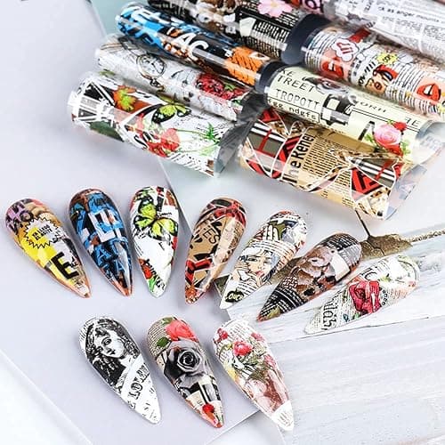 Retro Newspaper Nail Art Foil Transfer Stickers,Nail Art Supplies Holographic Nail Foil Flower Decals English Letters Butterfly Cool Romantic Punk Designs for Woman Manicure Decorations 10PCS thumbnail 5