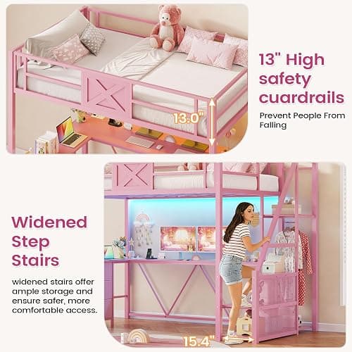 Itaar Stairway Twin Size Loft Bed with L Shaped Desk and Wardrobe, Metal Loft Bed Frame with Stairs, 3 Fabric Drawers, LED Lights & Charging Sation, No Noise & No Box Spring Needed, Pink thumbnail 8