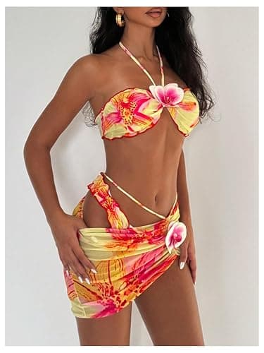 SOLY HUX Women's 3 Piece Swimsuit Floral Halter Bikini Set Beach Vacation Bathing Suit with Drawstring Cover Up Skirt thumbnail 3