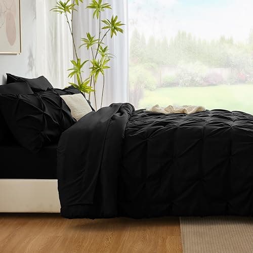 CozyLux Twin Comforter Set with Sheets Black, 5 Pieces Pintuck Bed in A Bag, Twin Bed Set Gift for Family, Pinch Pleat Bedding Set with Comforter, Sheets, Pillowcase & Sham thumbnail 8