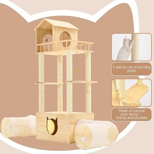 Homiflex Wood Cat Tree with 2 Tunnels, 61''H Pine Wood Cat Tower for Adult Cats, Sturdy & Durable Pet Climbing Systems for Indoor, Multi-Level Wooden Tower with Scratching Posts, Runway, Burlywood thumbnail 7