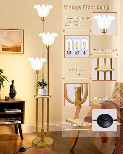 Lightdot Flower Floor Lamp for Living Room, Dimmable Vintage Floor Lamp with Shelf& Bulbs Included, 3 Light Warmwhite Mid Century Gold Floral Standing Tall Lamp for Bedroom/Sofa Beside/Corner Decor thumbnail 3