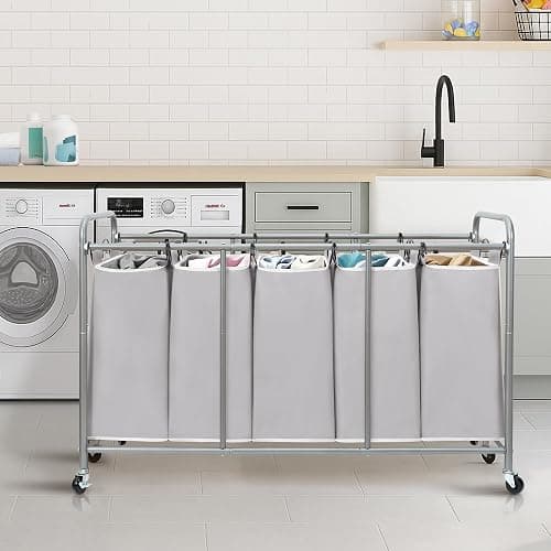 STORAGE MANIAC 5 Section Laundry Sorter, 5 Bins Rolling Separator Laundry Basket, Dirty Clothes Hamper Divider with Heavy Duty Lockable Wheels, Large Clothes Organizer Cart, Gray thumbnail 7