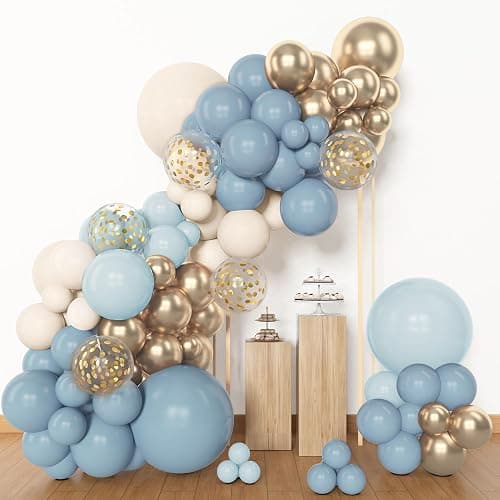 Amandir 153pcs Dusty Blue Balloon Garland Arch Kit, Different Sizes 18 12 10 5 inch Blue White Sand Latex Metallic Confetti Gold Balloons for Boys Birthday Boho Baby Shower Party Decoration Supplies - Dusty Blue thumbnail 4