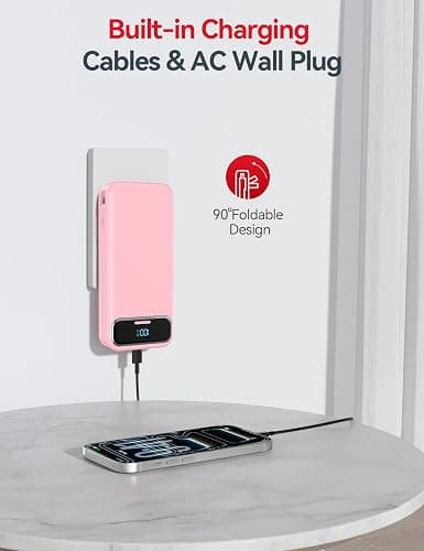20000mAh Lightweight-Portable-Charger-Power-Bank with Built-in Cables and AC Wall Plug, PD20W USB-C Fast Charging Battery Pack, LED Display External Travel Phone Charger for All iPhone,Samsung,Android thumbnail 4