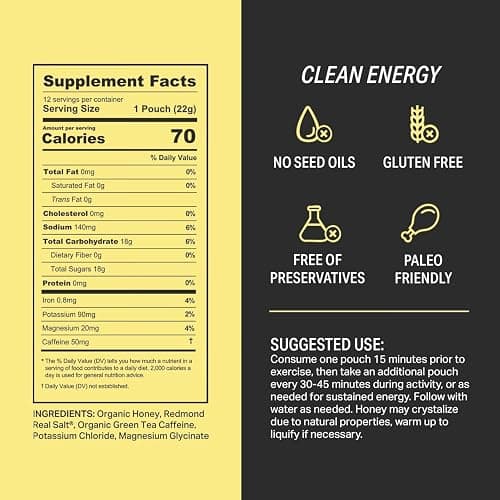 HNY+ Buzz Organic Honey Energy Gel with Electrolytes, Magnesium, Sea Salt, Potassium & Green Tea Caffeine, Gluten Free & Vegan, Workout Gels, for Gym, Running & Hiking, 50mg Caffeine, 12 Pack thumbnail 2