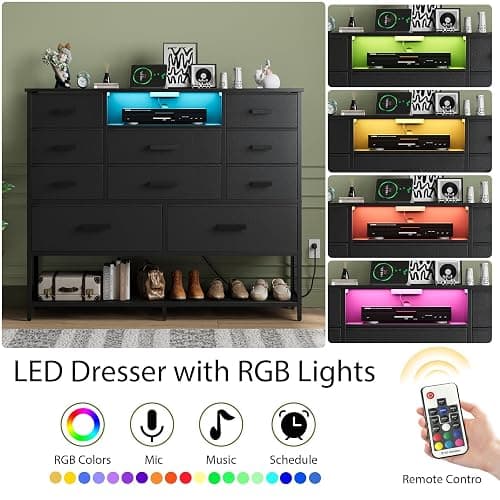 Harpaq Black Dresser for Bedroom with 10 Drawers, Chest of Drawers with Charging Station, TV Stand Storage with LED Light for 55" TV, Fabric Drawers with PU Finish, Dresser with Shelves for Closet thumbnail 4