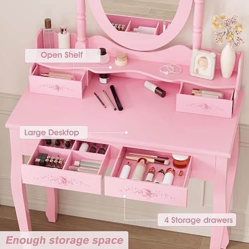 Alohappy Vanity Desk Set with Mirror & Stool for Girls, Makeup Vanity Table and Cushioned Stool Set with 4 Drawers, Wood Dressing Table for Bedroom (Pink) thumbnail 5