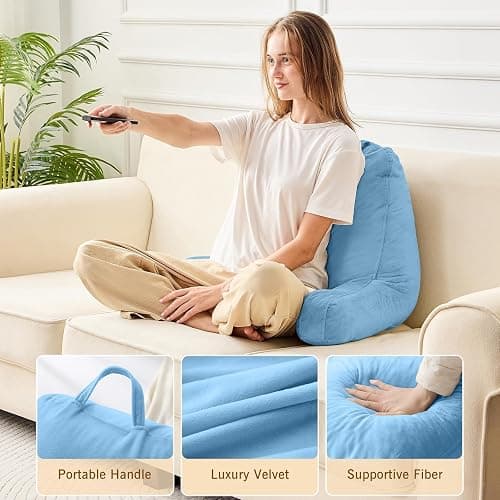 Sasttie Reading Pillow, Velvet Back Pillow for Bed Sitting Up, Adult Back-Rest Support Cushion with Arms for Sit Up on Couch, Sofa, and Floor, Dorm Essentials, Reading Accessories, Blue thumbnail 4
