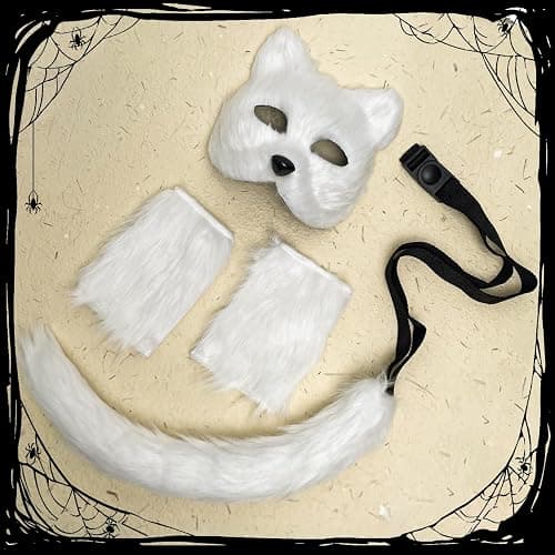 IncreDecor Cat Fox Mask and Tail Set Cat Therian Paws Masks Halloween Animal Fox Tails Wolf Costume Accessory thumbnail 5