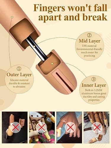 Practice Hand for Acrylic Nails, Nail Tips Never Fall Off Nail Hand Practice,Fingers Never Break Fake Nail Hand for Nail Practice,Flexible Movable Practice Nail Hand for Practicing Nail Supplies thumbnail 3