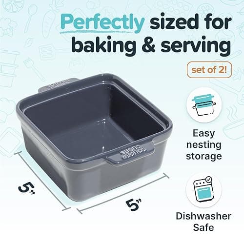 Souper Cubes Stoneware - 5" x 5" Small Ceramic Baking Dish Set with Silicone Covers - Small Casserole Dishes for Oven - Kitchen and Bakeware Essentials - Set of 2 - Charcoal Mini Baking Dishes thumbnail 2