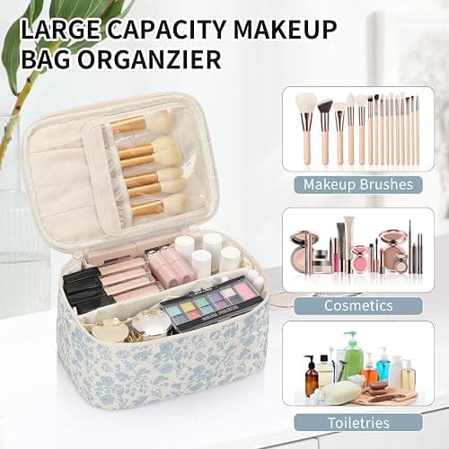 OCHEAL Makeup Bag Portable Cosmetic Bag For Women, Large Capacity Travel Makeup Case Organizer, Toiletry Bag for Girls Traveling With Handle and Divider-Flowers thumbnail 4