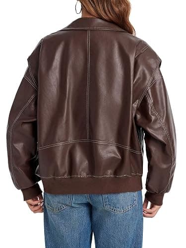 Tankaneo Womens Oversized Leather Bomber Jackets Cap Sleeve Zip Up Motorcycle Coats with Pockets thumbnail 6