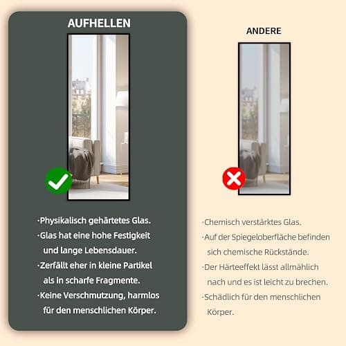 AUFHELLEN Standspiegel mit Schwarz Metallrahmen 140x40cm HD Groß Ganzkörperspiegel mit Haken für Wohnzimmer oder Ankleidezimmer (Schwarz) thumbnail 6