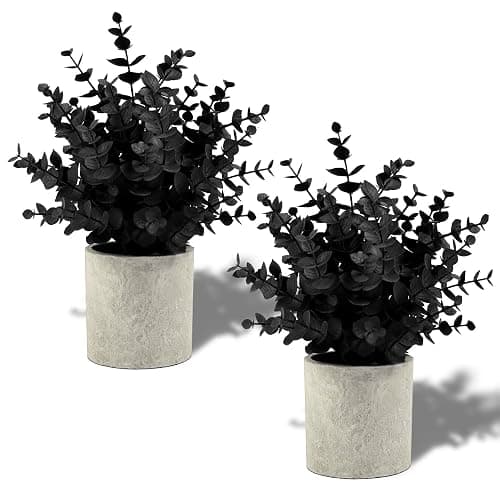 Coferset 2 Pack Small Fake Plants Eucalyptus Potted,Black | Halloween Black Artificial Plants for Bathroom Shelf Office Desk Home Farmhouse Room Coffee Table Tray Small Space Decor - Image 1