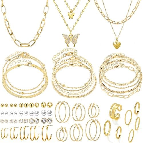 IFNODO 47pcs Gold Jewelry Set With 3 PCS Necklace, 11 PCS Bracelet,20pcs Hoop Stud Earrings,7pcs rings set For Women For Birthday Gifts - Image 1