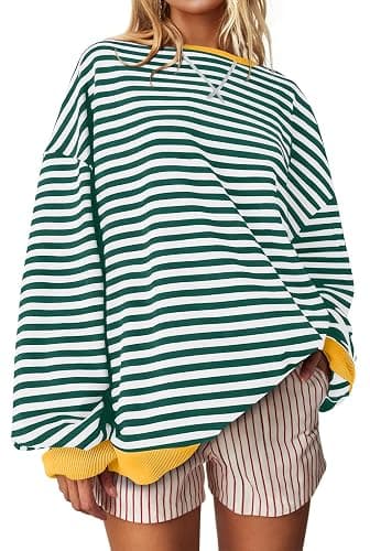 UEU Women Oversized Striped Crewneck Sweatshirt Long Sleeve Color Block Pullover Tops Casual Loose Workout Shirt - Image 1