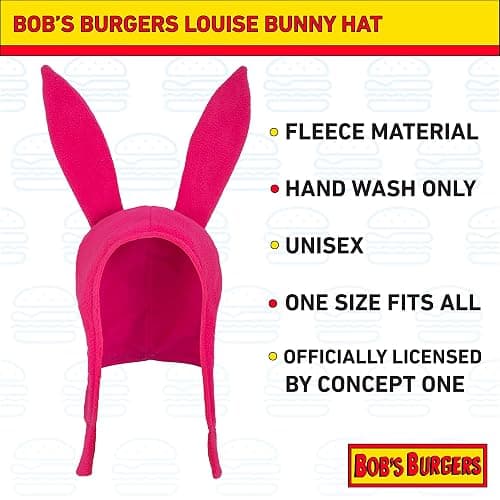 Concept One Womens Bob's Burgers Louise Cosplay Bunny with Floppy Ears Fleece Beanie Hat, Pink, 0 US thumbnail 6
