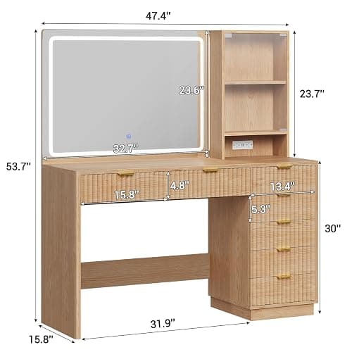 BTHFST Fluted Vanity Desk with Large Mirror,Lights,Charging Station, Oak | 47.4" Large Makeup Vanity with 7 Drawers, Glass Cabinet, Storage Shelves, Wood Vanity Table for Women, Girls thumbnail 5