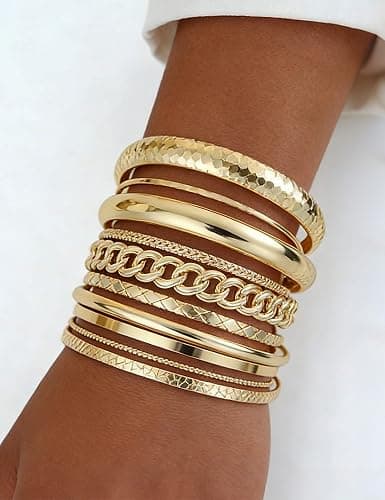ÌF ME Gold Bangle Bracelets for Women, 19Pcs Multi Stackable Bangles Set | 14K Gold Plated, Chunky Textured Bracelet Stack, Fashion Boho Jewelry, Indian Bangles, Gifts for Women thumbnail 7