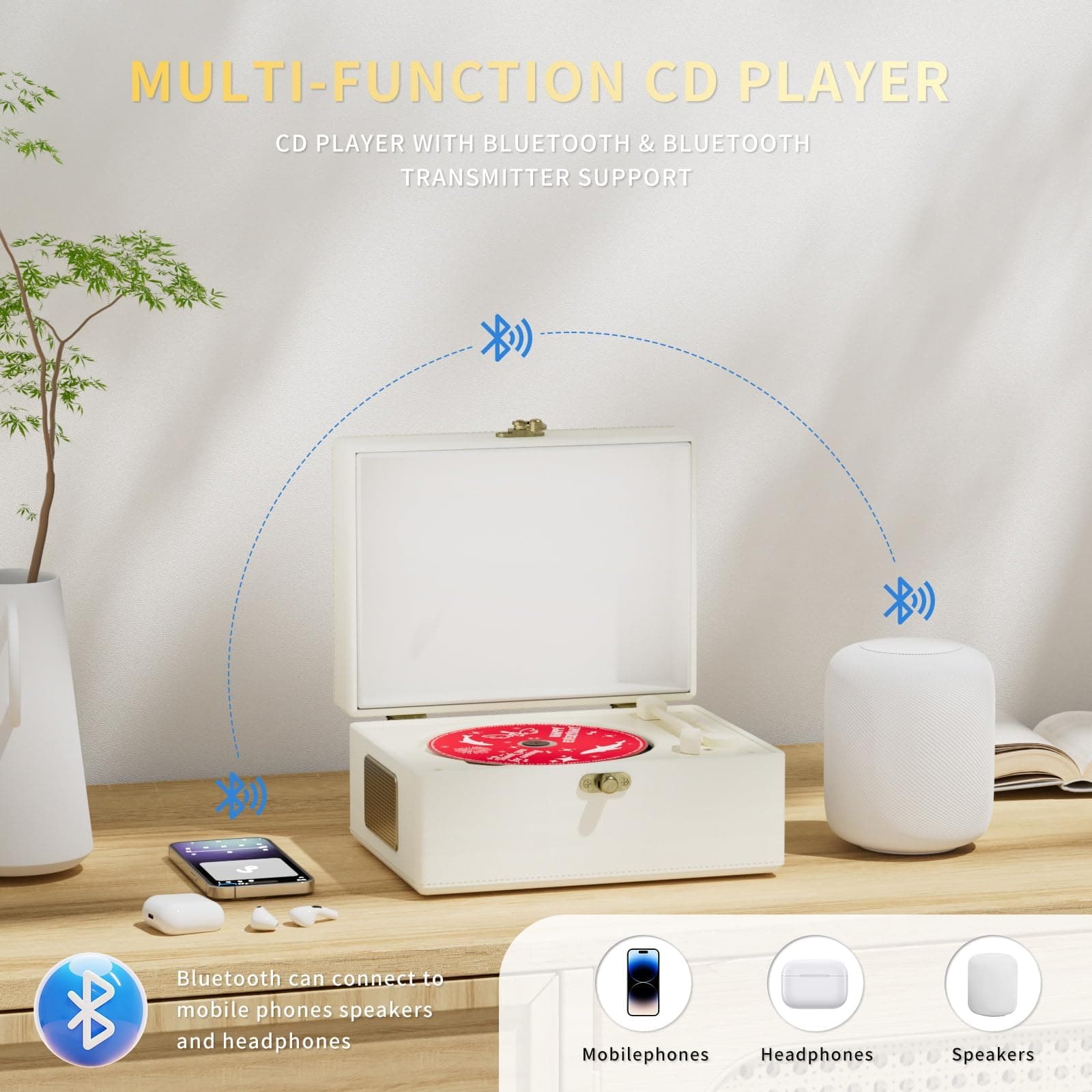 Yintiny - Reproductor de CD de piel recargable con bocinas; transmisor Bluetooth; regalo de festival; reproductor BGM para decoración del hogar thumbnail 4