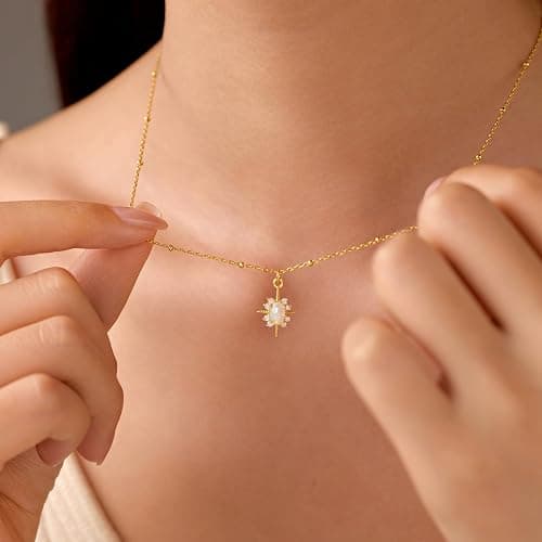 LOVECOM 925 Sterling Silver North Star Opal Necklace for Women Dainty 14K Gold Plated 12 Pointed Star Pendant Necklace Trendy Cubic Zirconia Chain Jewelry Christmas Gift for Mom Daughter thumbnail 4