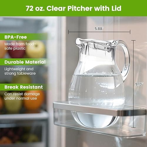 Clear Plastic Pitcher with Lid (72 oz), Unbreakable Water Pitcher with Handle, Fridge Jug, BPA-Free, Shatter-Proof, Great for Iced Tea, Sangria, Lemonade, Juice, Milk, and More thumbnail 2