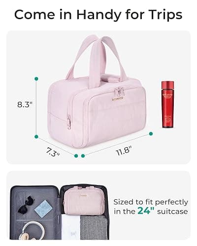 BAGSMART Travel Toiletry Bag, Crush Toiletry Bag for Women, Wide-open Puffy Toiletry Bags for Traveling, Large Travel Cosmetic Makeup Bag Organizer for Accessories,Toiletrie, Pink | Lightweight, Large, Wide-open, Puffy, Organizer, with Handle, for Accessories, for Essentials, for Toiletries, Pink thumbnail 6
