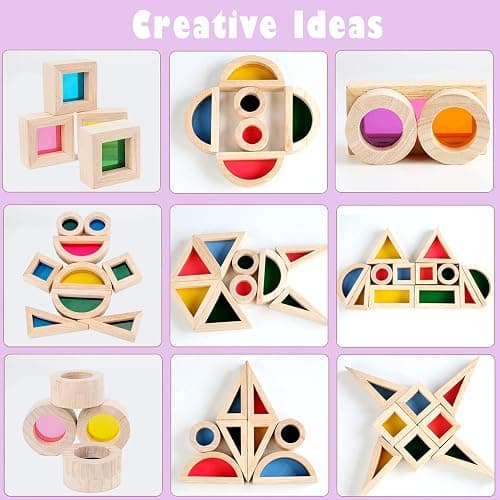 Agirlgle Wood Building Blocks Set for Kids 24 Pcs Rainbow Stacker Stacking Game Construction Toys Set Preschool Colorful Learning Educational Toys - Geometry Wooden Blocks for Boys & Girls thumbnail 5