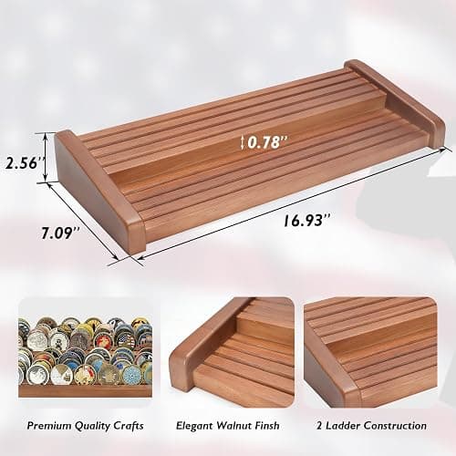 ASmileIndeep 8 Rows Solid Wood Challenge Coin Display Stand - Military Holder for Up to 60-70 Coins - Ideal Rack for Army Navy Marine Corps Law Enforcement Collectors, Walnut Finish thumbnail 2