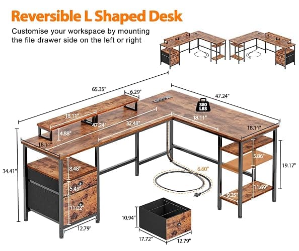 Furologee 66” L Shaped Desk with Power Outlet, Reversible Computer Gaming Desk with File Drawer & 2 Monitor Stands for Home Office with Storage Shelves, Rustic Brown thumbnail 3