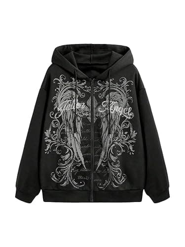 BEAUDRM Women's Gothic Graphic Zip Up Halloween Hoodies Y2k Rhinestones Drawstring Baggy Hooded Sweatshirts Jackets - Image 1
