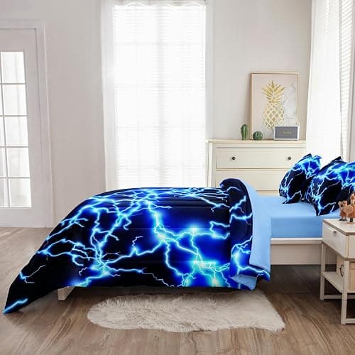 Leaflin Twin Size Bed in A Bag Lightning Bedding Set for Boys Blue Comforter with Sheet Set, 5 Pieces Kids Teen Cool Quilt Bedding Set thumbnail 4