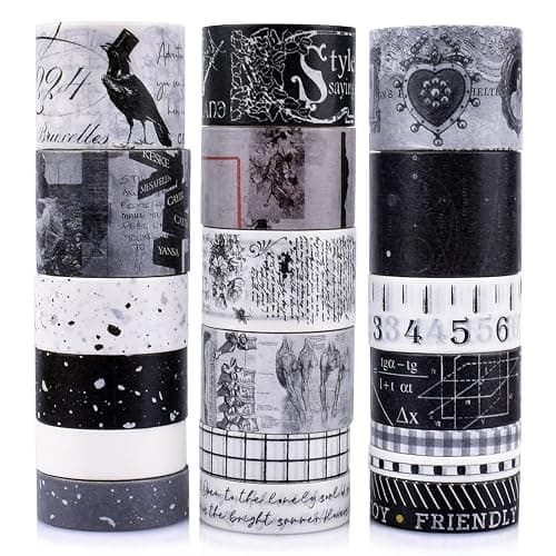 DAPUTOU 20 Rolls Vintage Washi Tape Set,Wide Floral Stamp Letter Old Newspaper Antique Retro Decorative Masking Tape Sets for Scrapbook, Craft,Kids, Scrapbooking Supplies (Black) - Image 1