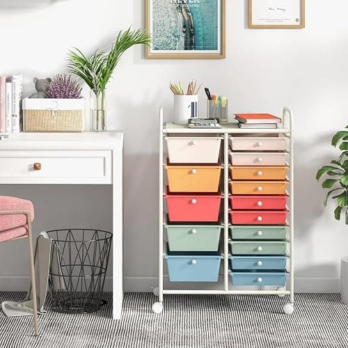 LDAILY 15 Drawer Rolling Storage Cart, Rolling Cart with Drawers for Classroom, Art Supply Craft Organizer on Wheel with Metal Frame & Handles for Home Office School thumbnail 9