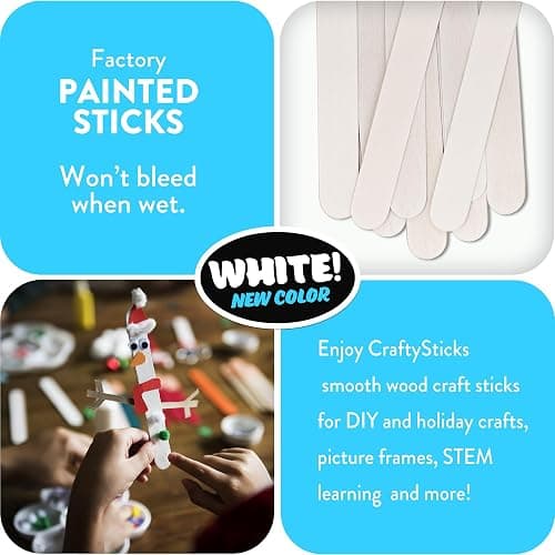 CraftySticks- 50 Pack 6 Inch White Painted Wood Craft Sticks, Jumbo Popsicle Sticks for Crafts, Learning and STEM Basics thumbnail 3