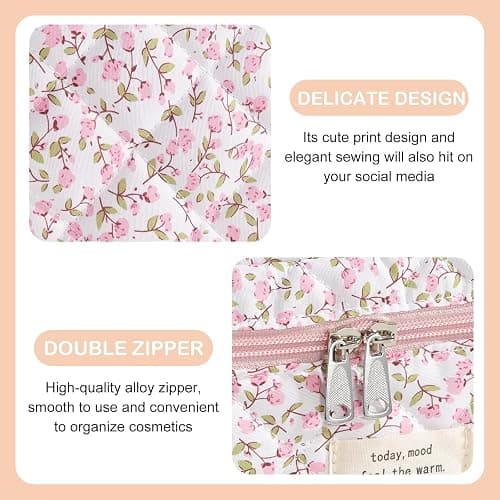 UUYUUY Makeup Bag for Women 3PCS Quilted Cotton Make Up Bag Travel Cosmetic Bag Large Makeup Bag Set Cute Makeups Organizer Floral Toiletry Pouch for Purse, Pink Floral D thumbnail 7