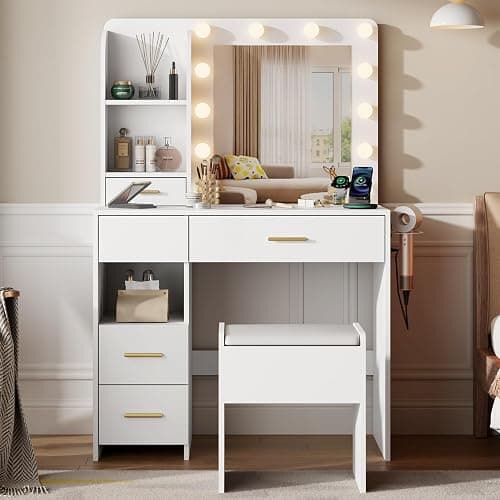 Furnivado Vanity Desk with Mirror and Lights, 3 Adjustable Lighting Makeup Vanity Desk with 3 Storage Shelves, 5 Large Drawers and Power Outlet, Vanity with Chair for Bedroom, White thumbnail 8