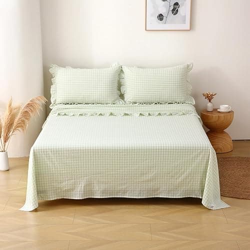K MASANIJI Pile Green Ruffle Gingham Sheets Twin XL Size 4-Piece Set, 300TC 100% Yarn Dyed Linen Feel Cotton Sheets 18 in Deep Pocket Kids Preppy Decorative Bedding (Pile Green/White Plaid, Twin XL) thumbnail 9